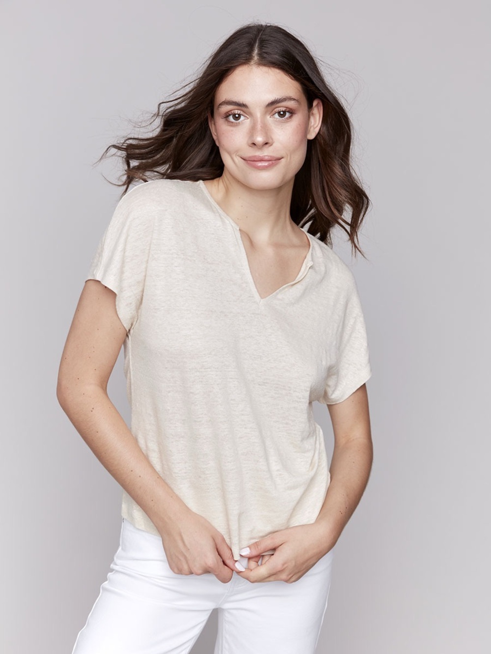 Charlie B gold Shimmery Champagne V-Neck T-Shirt, size L